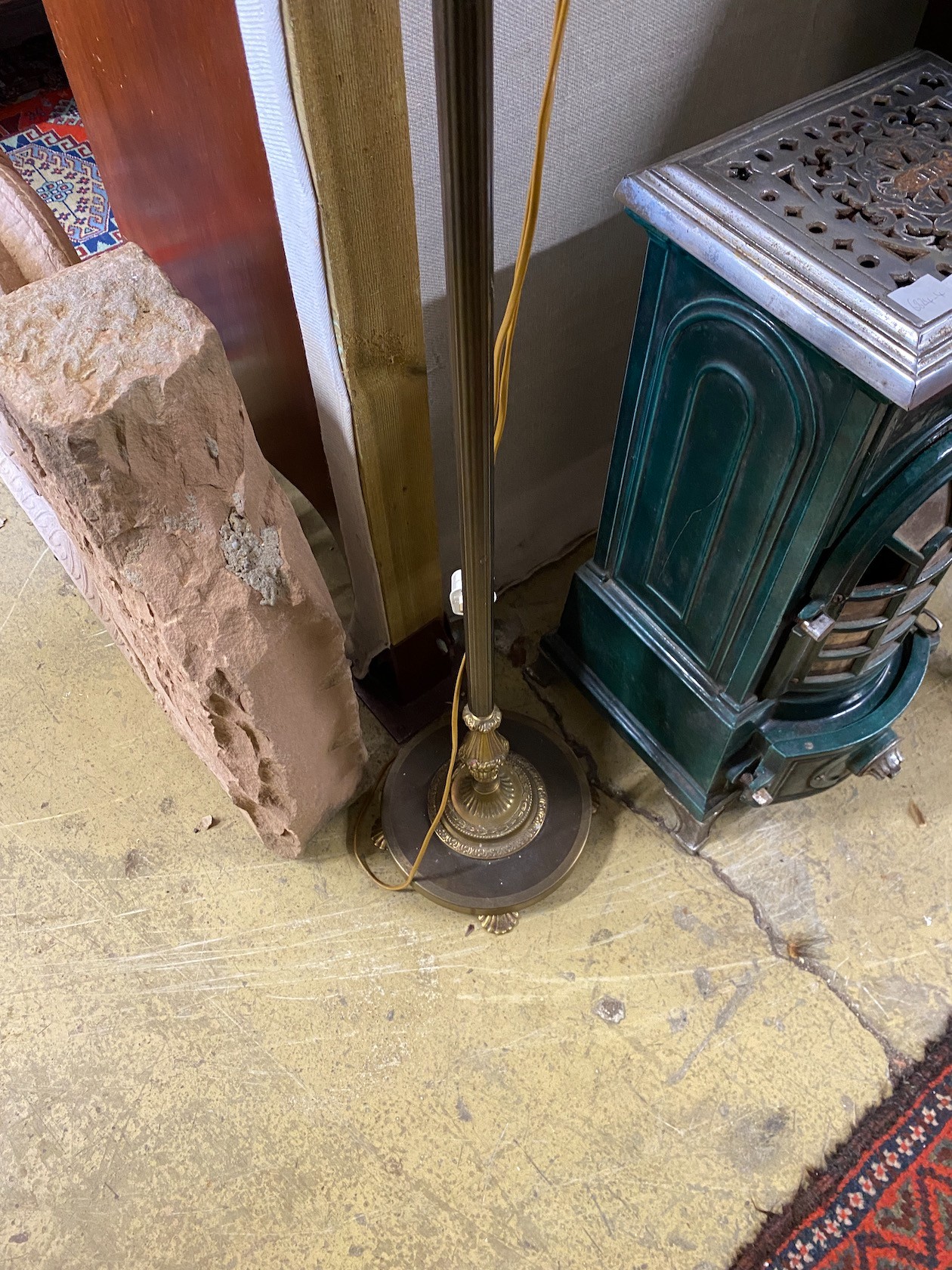 An Empire style gilt metal three branch standard lamp, height 165cm